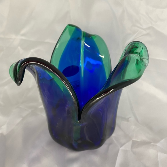 Murano White Cristal  Italy Blown Arte Glass Vase Blue Clear Teal new - Picture 4 of 7